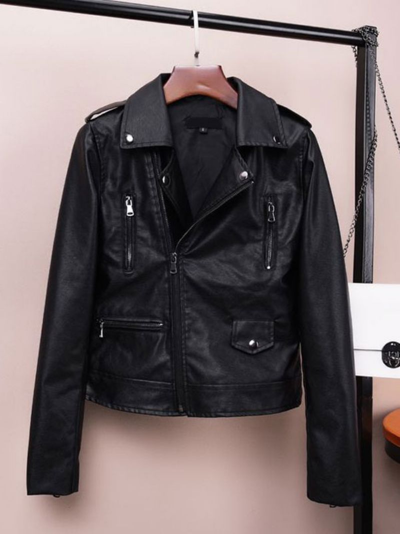 Biela Bunda Moto Jacket Turndown Collar Pu Kožené Jarné Vrchné Oblečenie Pre Ženy - Čierna