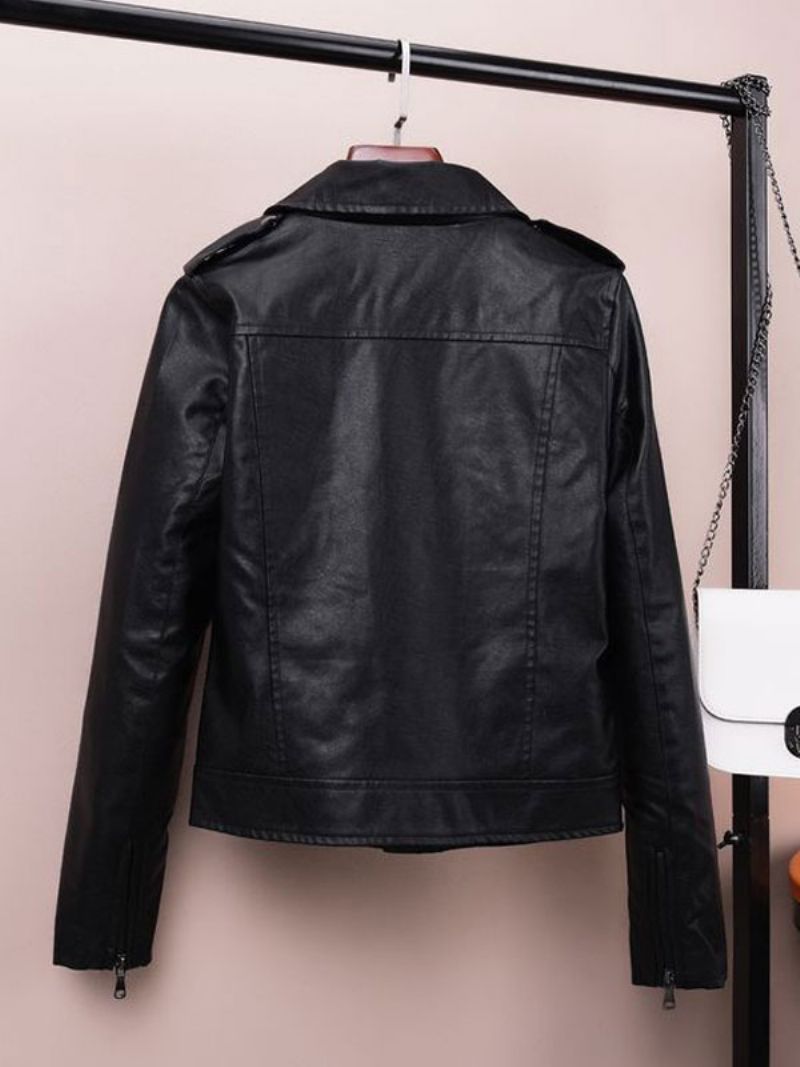 Biela Bunda Moto Jacket Turndown Collar Pu Kožené Jarné Vrchné Oblečenie Pre Ženy - Čierna