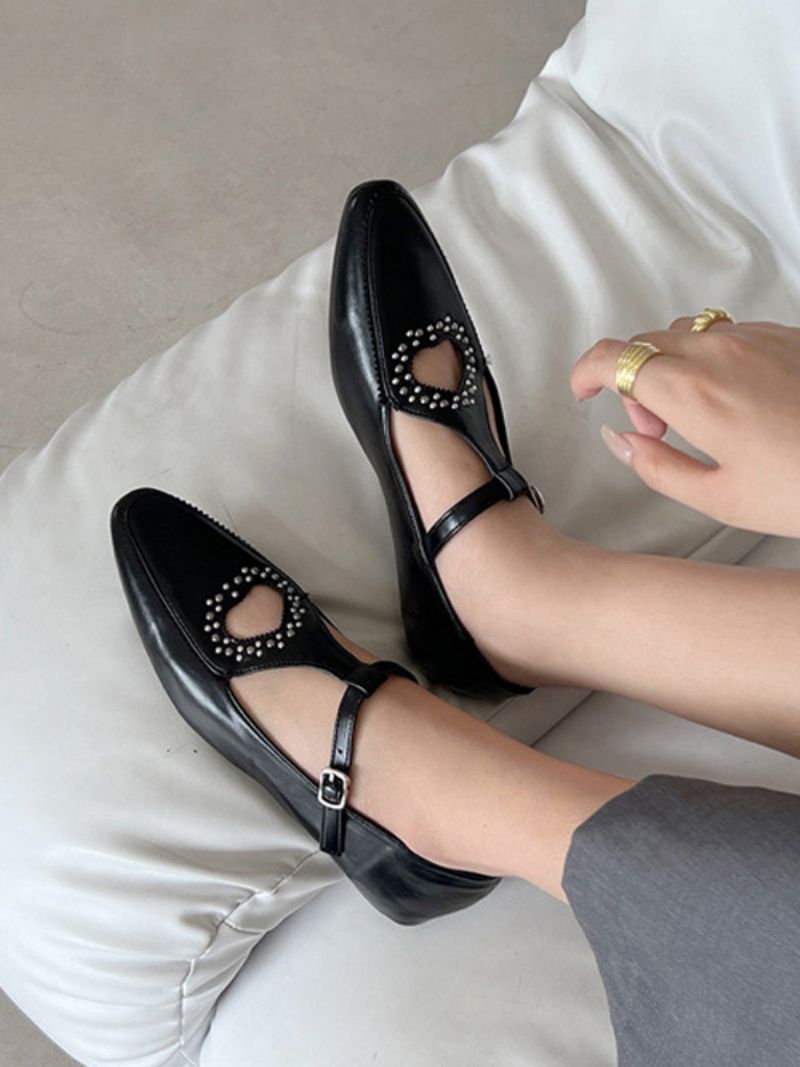 Black Ballet Flats Square Toe Kamienky Vystrihnuté Detaily Spony Ploché Topánky Pre Ženy