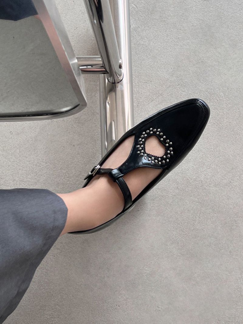 Black Ballet Flats Square Toe Kamienky Vystrihnuté Detaily Spony Ploché Topánky Pre Ženy - Čierna