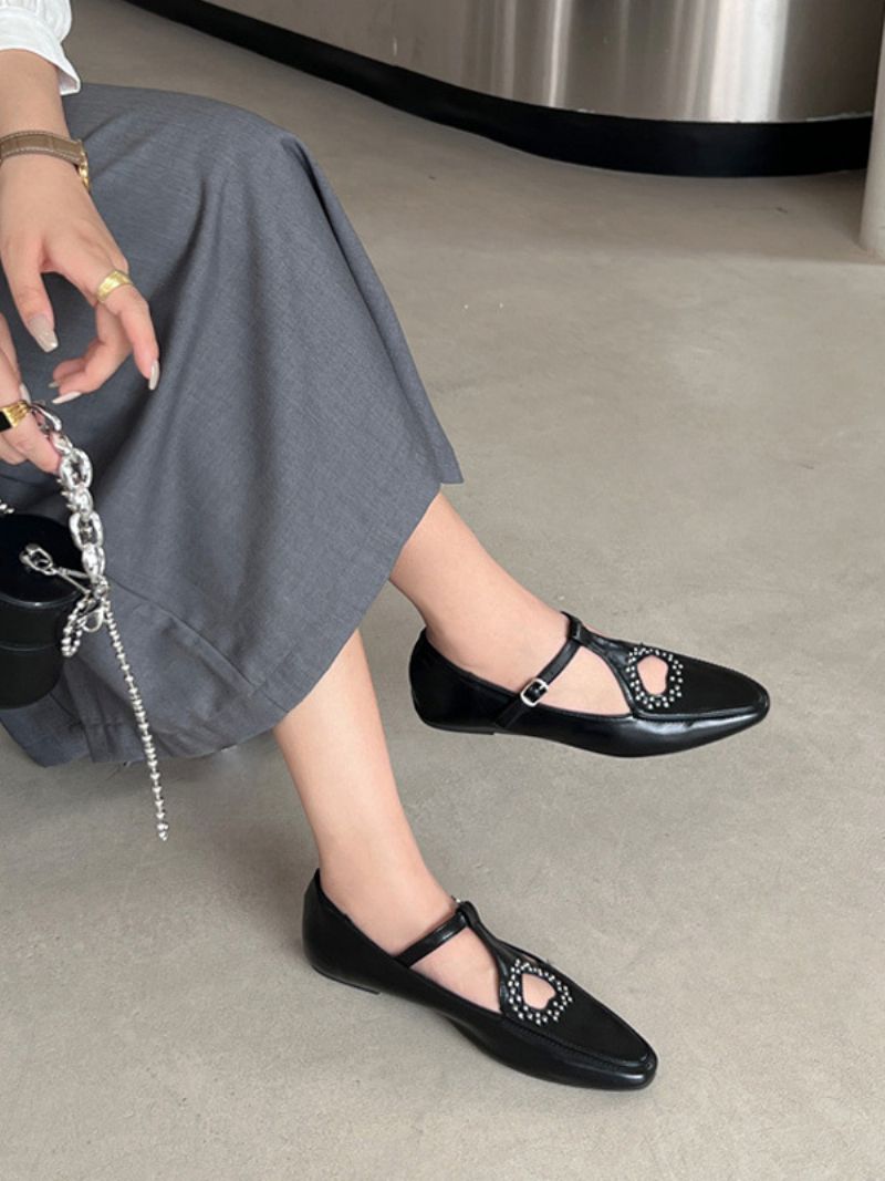 Black Ballet Flats Square Toe Kamienky Vystrihnuté Detaily Spony Ploché Topánky Pre Ženy - Čierna