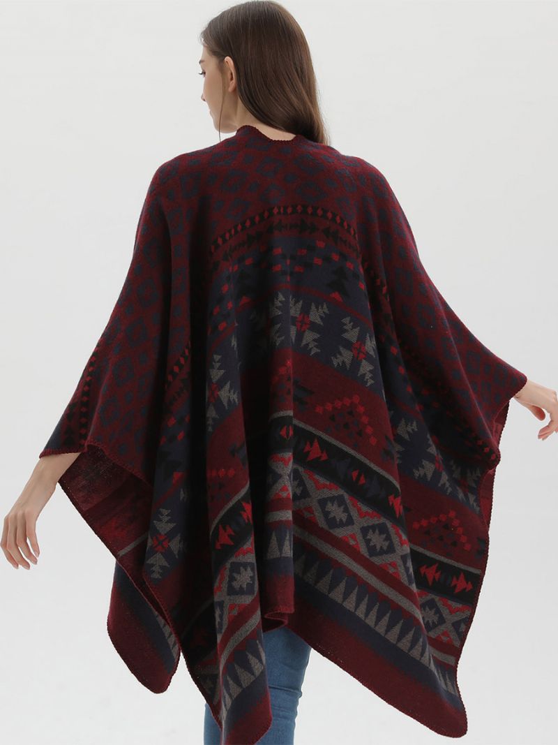 Bohemian Dámska Pelerínka Geometric Oversized Jesenné Zimné Pončo - Burdová