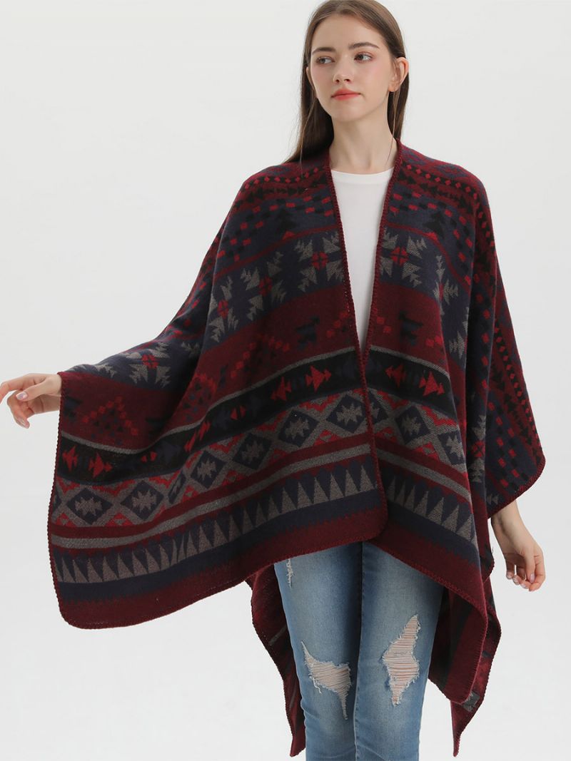 Bohemian Dámska Pelerínka Geometric Oversized Jesenné Zimné Pončo - Burdová