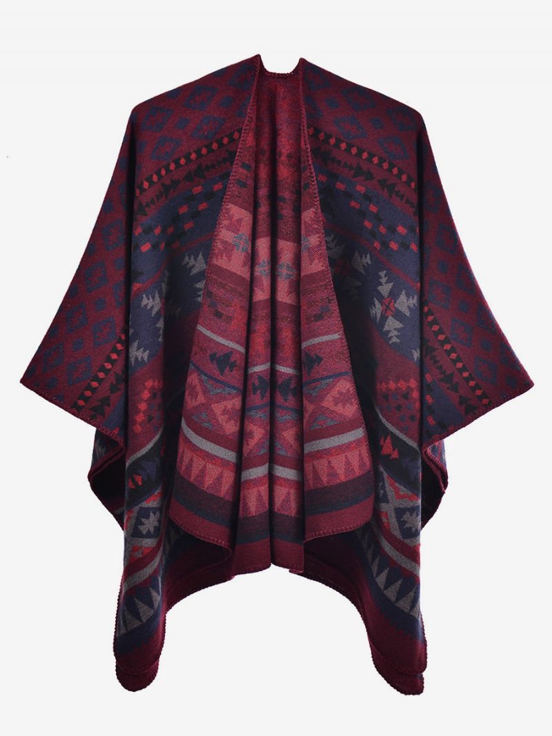 Bohemian Dámska Pelerínka Geometric Oversized Jesenné Zimné Pončo - Burdová