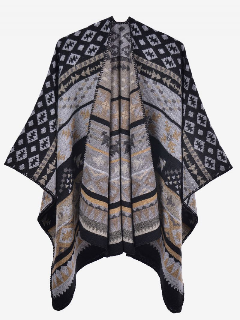 Bohemian Dámska Pelerínka Geometric Oversized Jesenné Zimné Pončo - Čierna