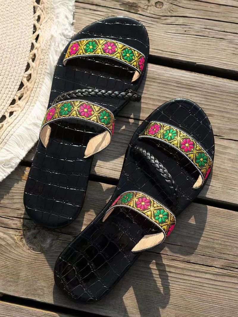 Boho Sandal Slides Dámske Plážové Papuče S Otvorenou Špičkou - Čierna