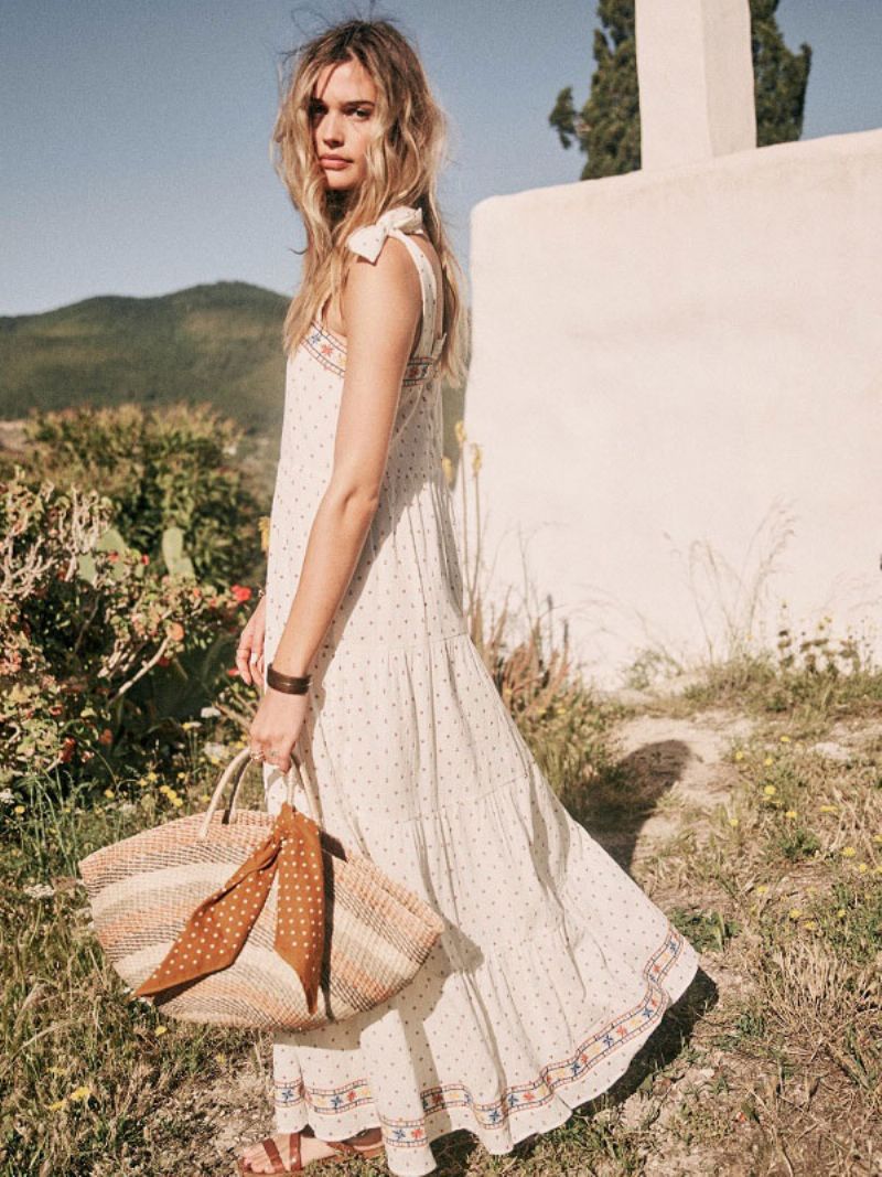 Boho Šaty Biele Bez Rukávov Bohemian Gypsy Beach Dovolenka Letné Maxi Slip Shift Pre Ženy - Biely