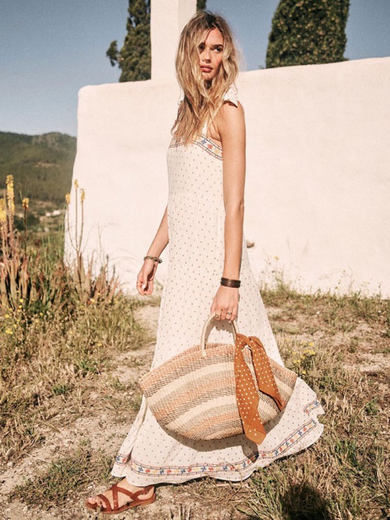 Boho Šaty Biele Bez Rukávov Bohemian Gypsy Beach Dovolenka Letné Maxi Slip Shift Pre Ženy - Biely