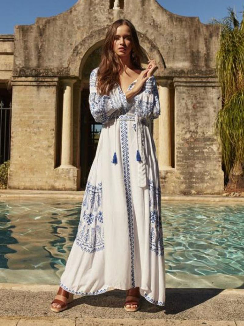 Boho Šaty S Výstrihom Do V Dlhé Rukávy Bohemian Gypsy Beach Dovolenka Biela Jar Leto Maxi Opaskom Pre Ženy - Biely