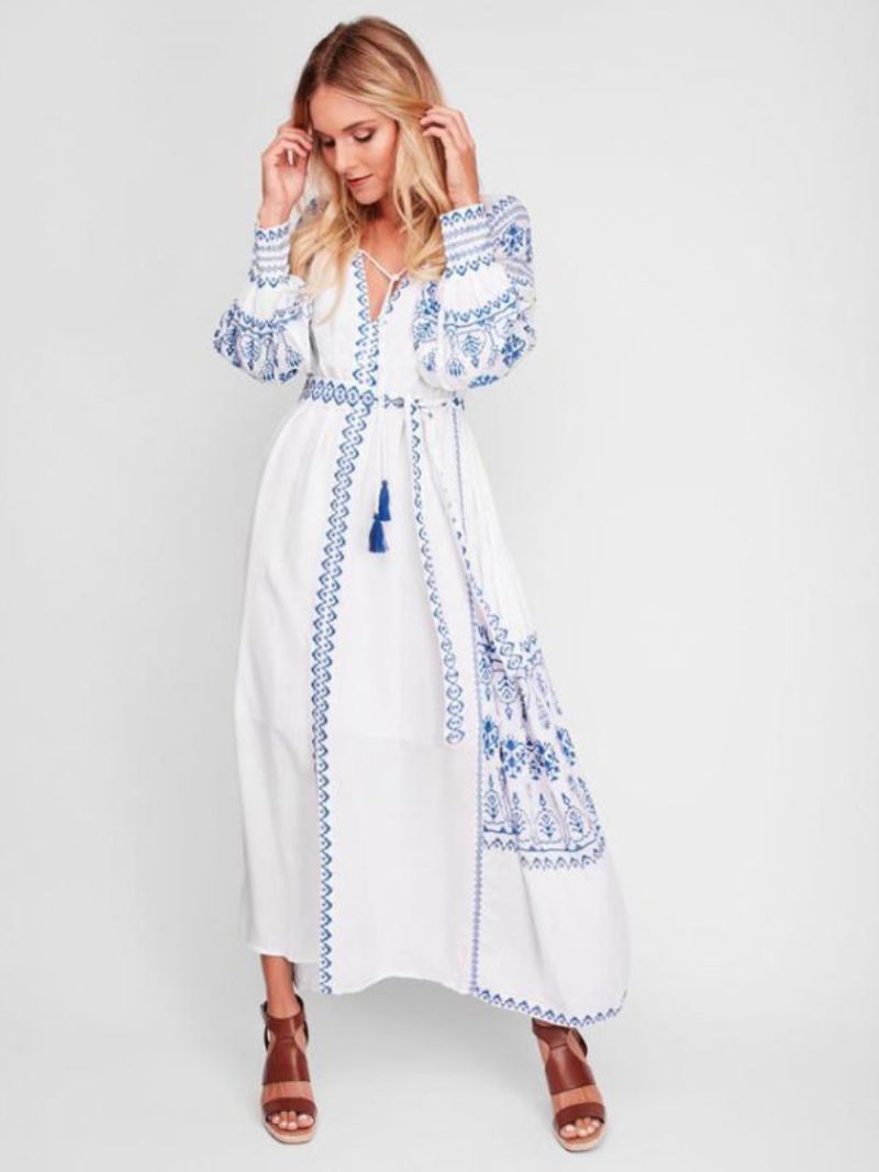 Boho Šaty S Výstrihom Do V Dlhé Rukávy Bohemian Gypsy Beach Dovolenka Biela Jar Leto Maxi Opaskom Pre Ženy - Biely