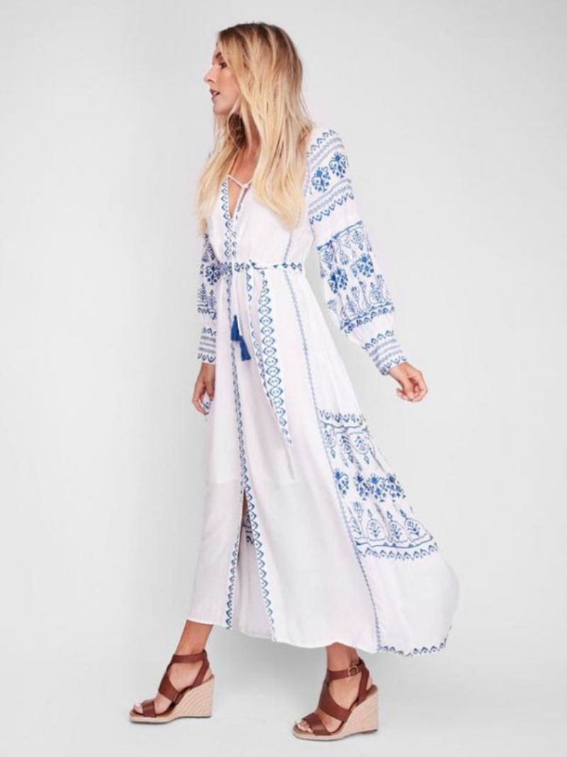 Boho Šaty S Výstrihom Do V Dlhé Rukávy Bohemian Gypsy Beach Dovolenka Biela Jar Leto Maxi Opaskom Pre Ženy - Biely