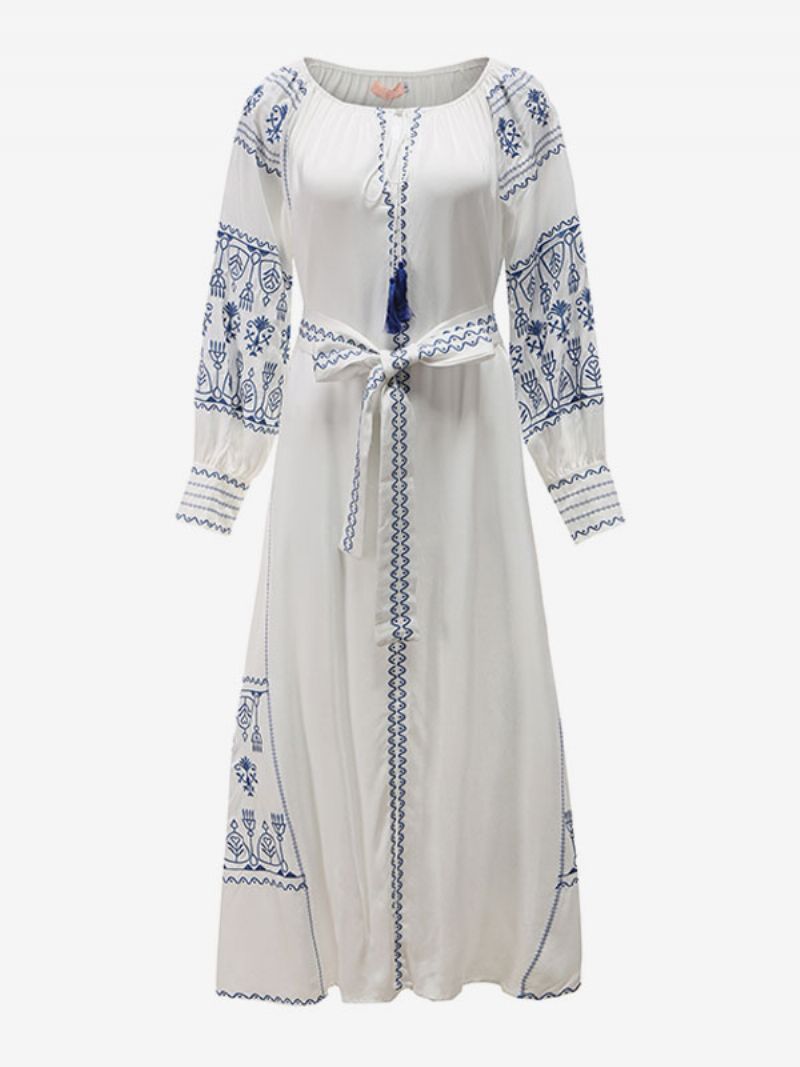 Boho Šaty S Výstrihom Do V Dlhé Rukávy Bohemian Gypsy Beach Dovolenka Biela Jar Leto Maxi Opaskom Pre Ženy - Biely