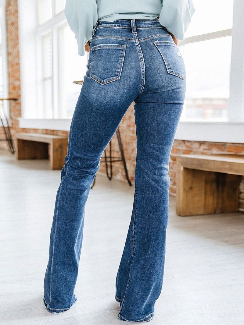 Bootcut Jeans High Rise Cotton Spring Flare Bottom Pre Ženy - Modrá