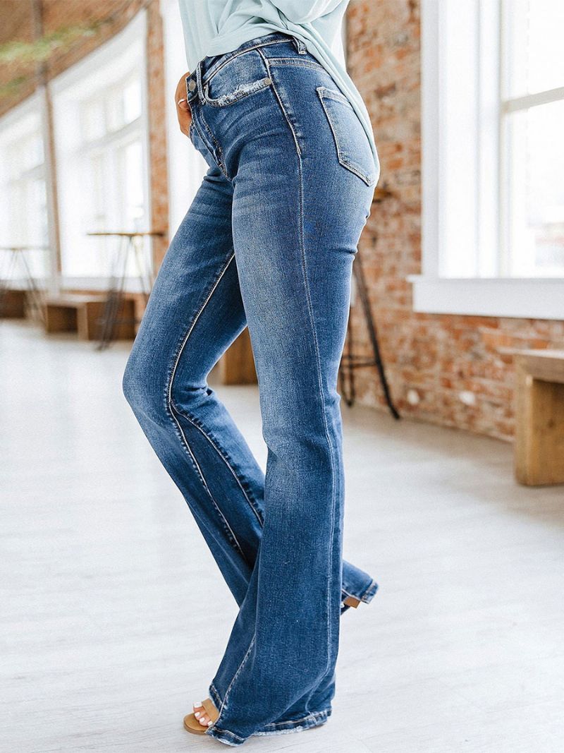 Bootcut Jeans High Rise Cotton Spring Flare Bottom Pre Ženy - Modrá