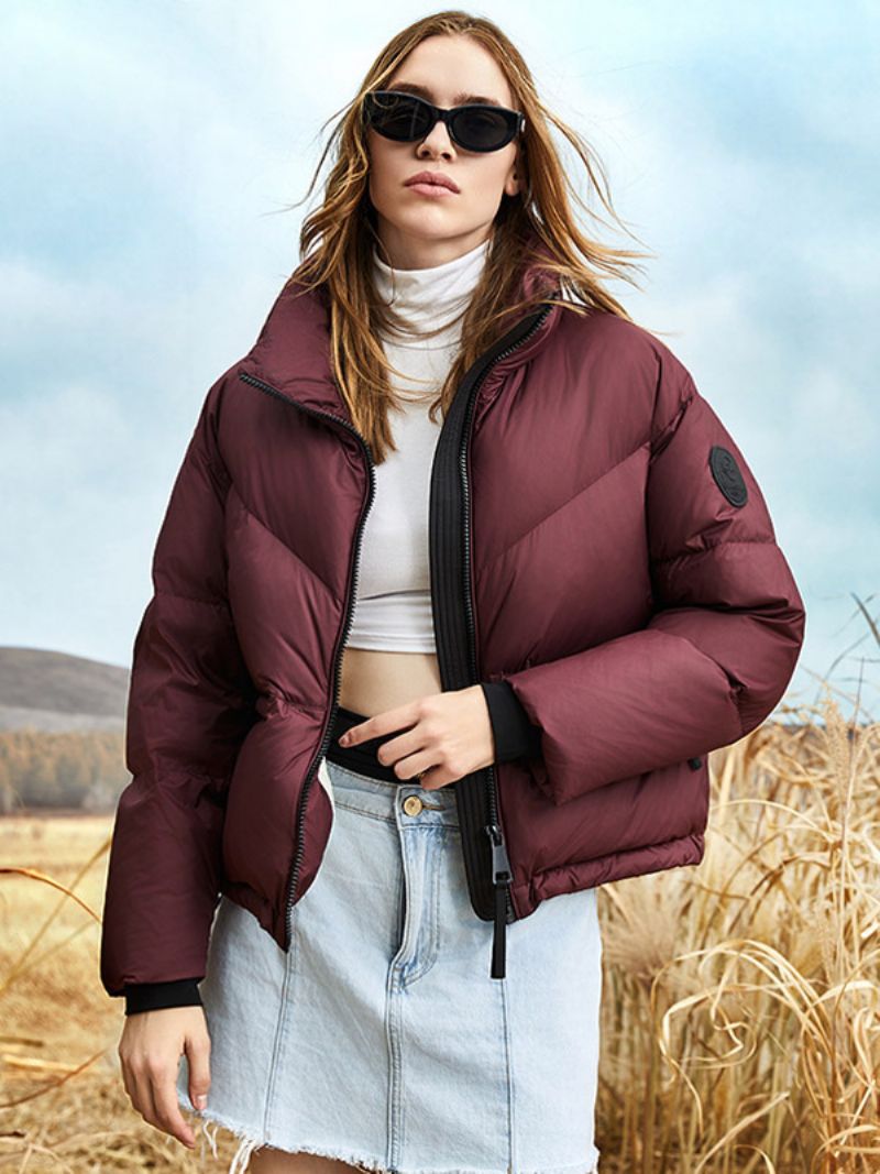 Dámska Bunda Crest Patch Puffer Coat Stojan S Golierom Na Zips Jednofarebná Páperová - Tmavo Červená