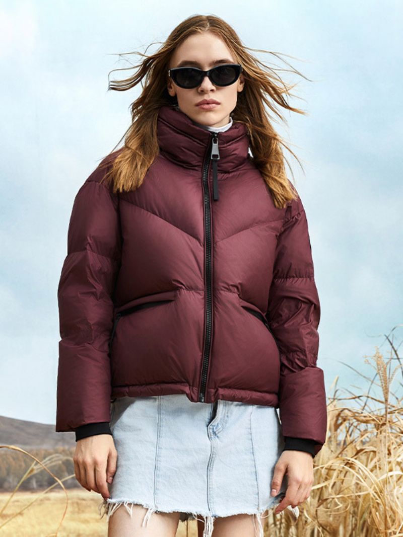 Dámska Bunda Crest Patch Puffer Coat Stojan S Golierom Na Zips Jednofarebná Páperová - Tmavo Červená