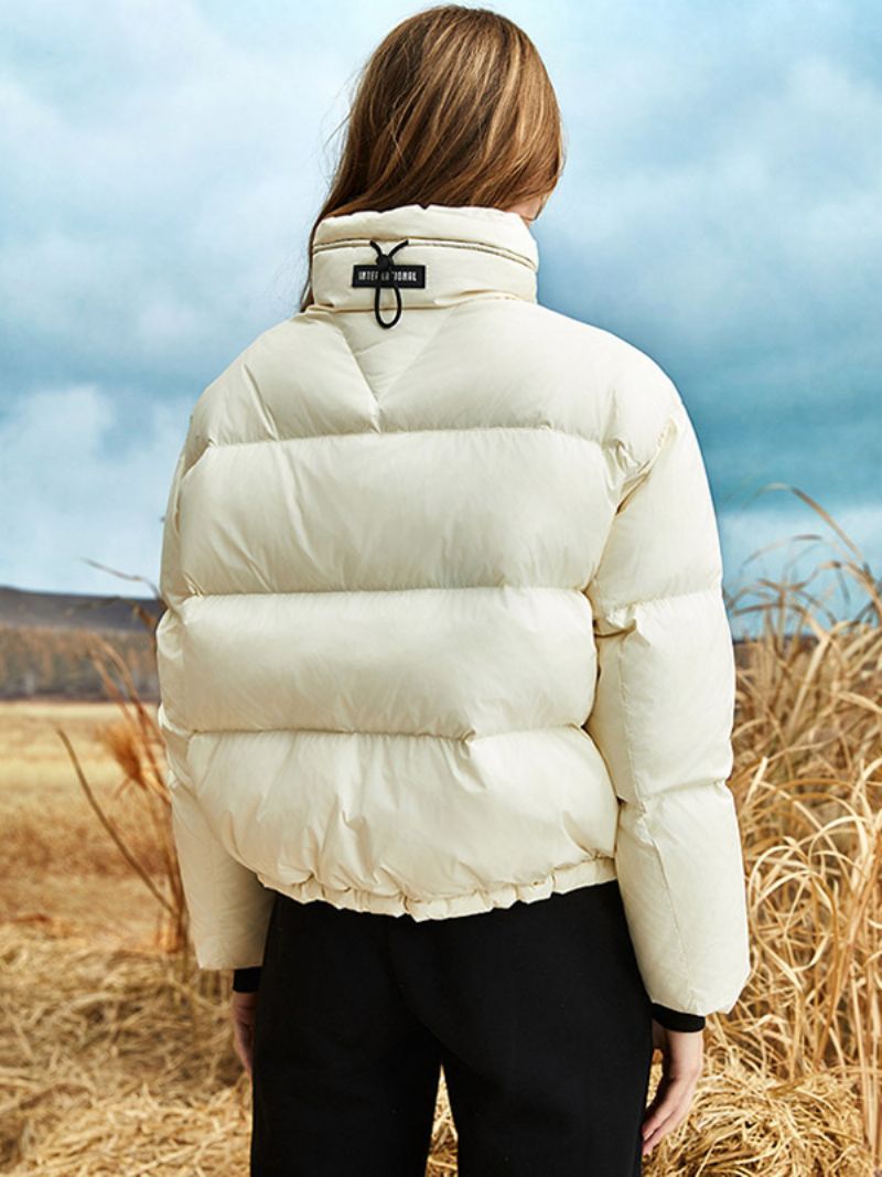 Dámska Bunda Crest Patch Puffer Coat Stojan S Golierom Na Zips Jednofarebná Páperová - Béžová