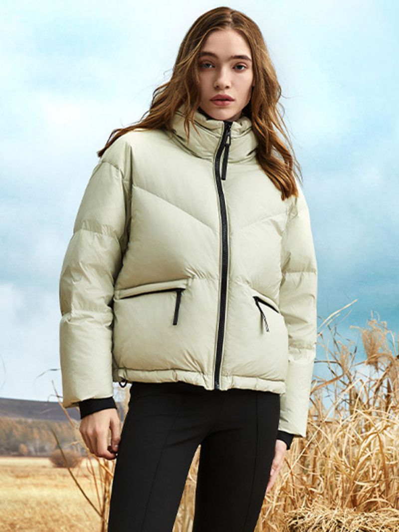 Dámska Bunda Crest Patch Puffer Coat Stojan S Golierom Na Zips Jednofarebná Páperová - Šalvia