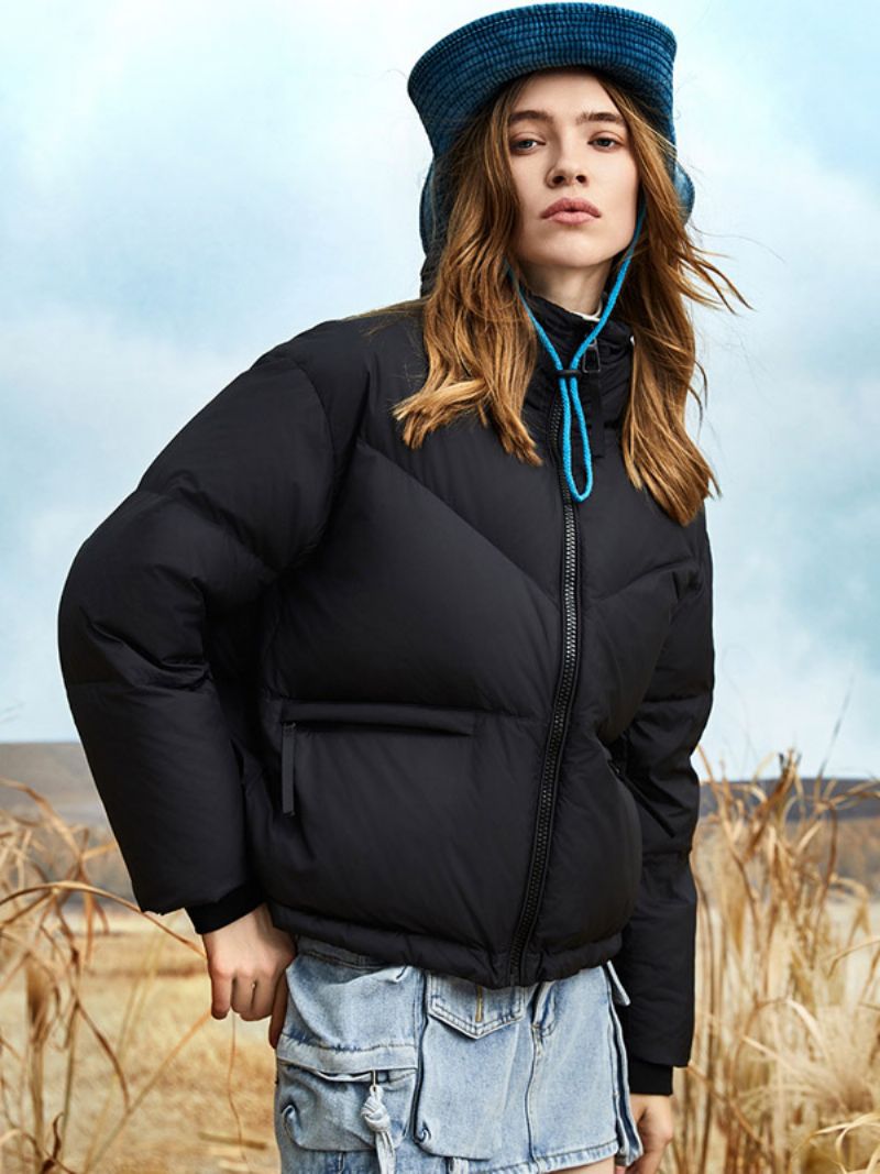 Dámska Bunda Crest Patch Puffer Coat Stojan S Golierom Na Zips Jednofarebná Páperová - Čierna