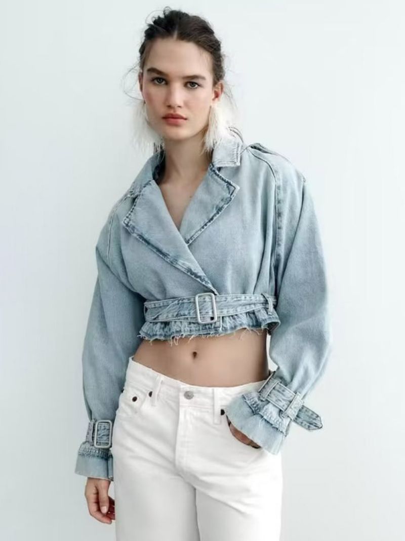 Dámska Bunda Turndown Golier Sash Denim