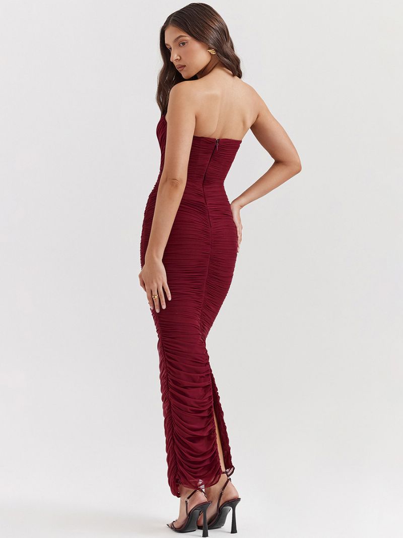 Dámske Bodycon Šaty Bordové Skladané Elegantné Ceruzkové Bez Rukávov - Burgundsko