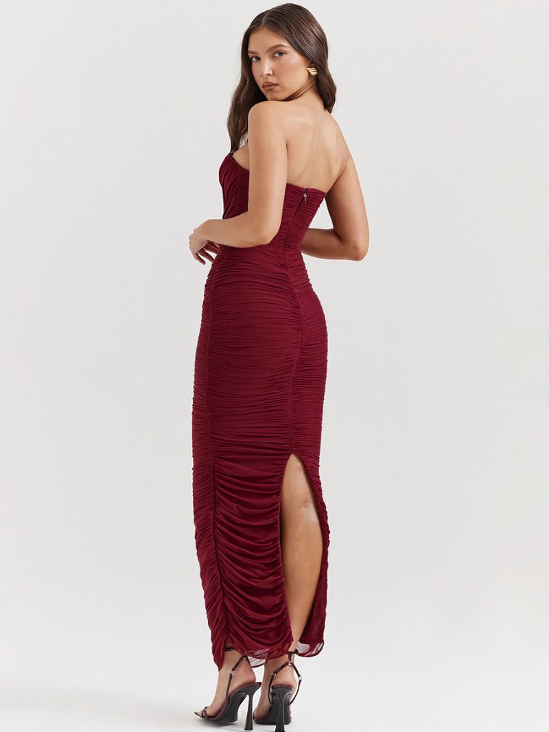 Dámske Bodycon Šaty Bordové Skladané Elegantné Ceruzkové Bez Rukávov - Burgundsko