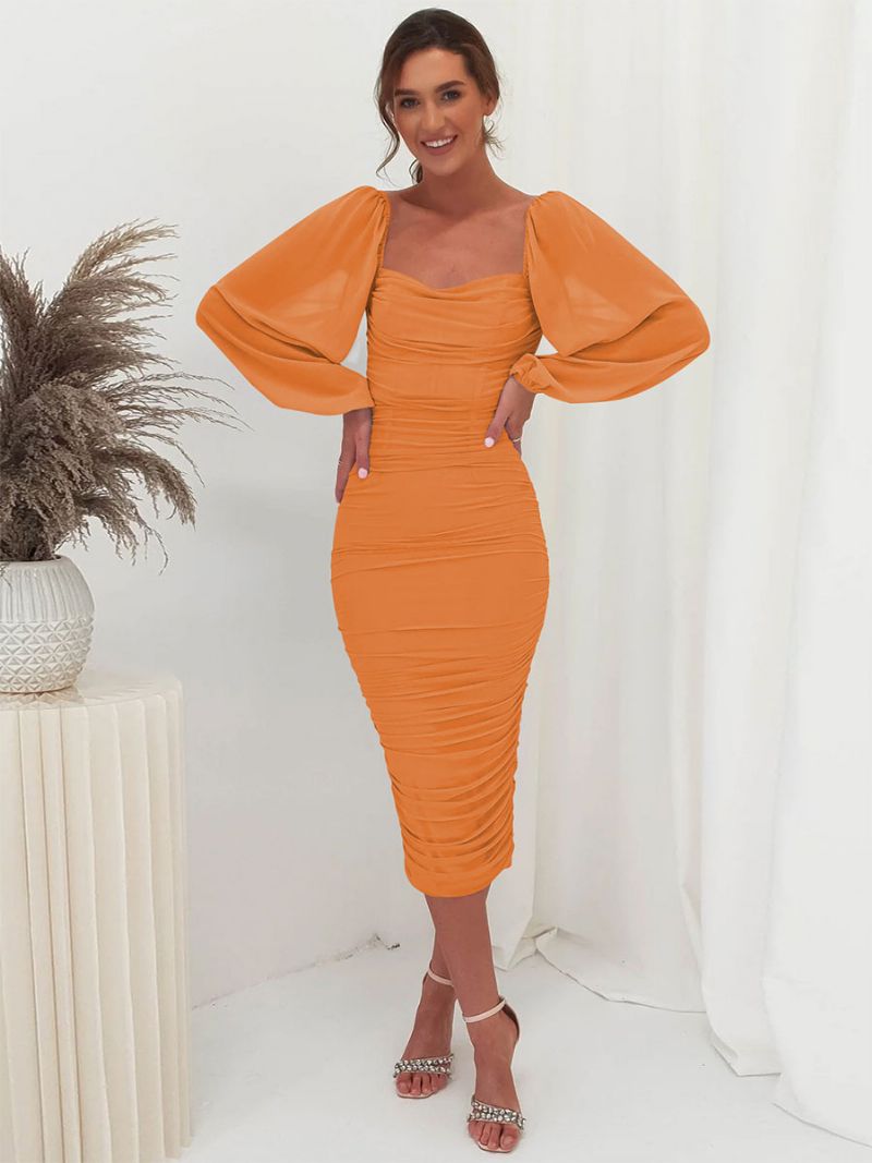 Dámske Bodycon Šaty S Štvorcovým Výstrihom Dlhým Rukávom Poloformálne Prom Midi - Oranžová