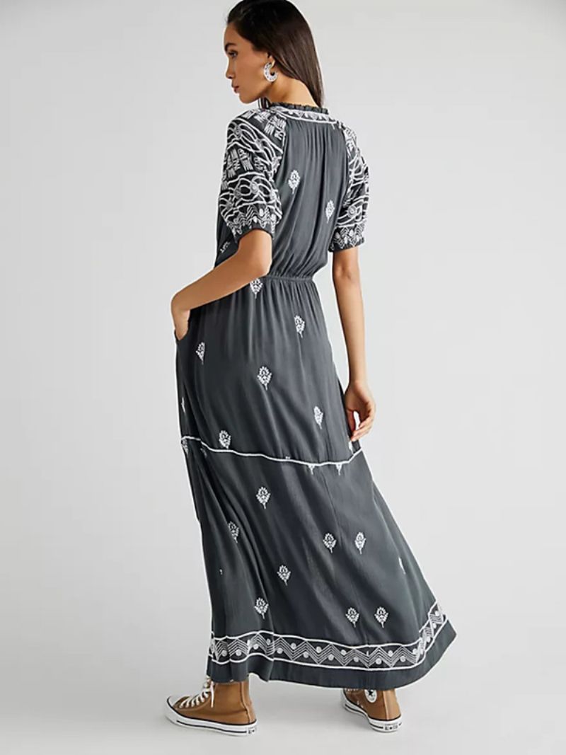 Dámske Boho Šaty Letné Plážové Maxi S Výstrihom A Do V - Deep Grey