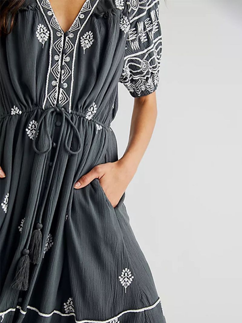 Dámske Boho Šaty Letné Plážové Maxi S Výstrihom A Do V - Deep Grey