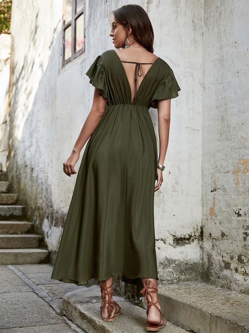 Dámske Boho Šaty S Vlnitým Výstrihom Do V Rukávy Páse Šnúrka Na Voľný Čas Letné Maxi - Hunter Green