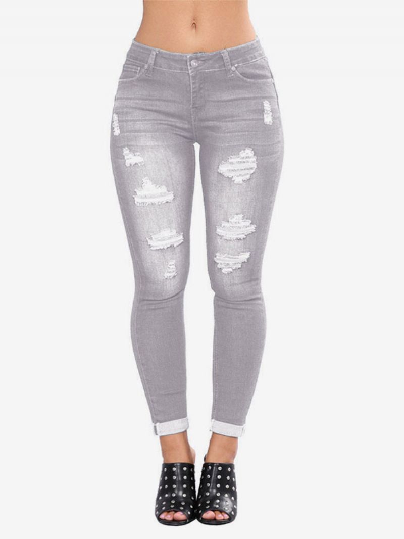 Dámske Džínsy Modern Distressed Skinny Cotton Bottoms - Sivá