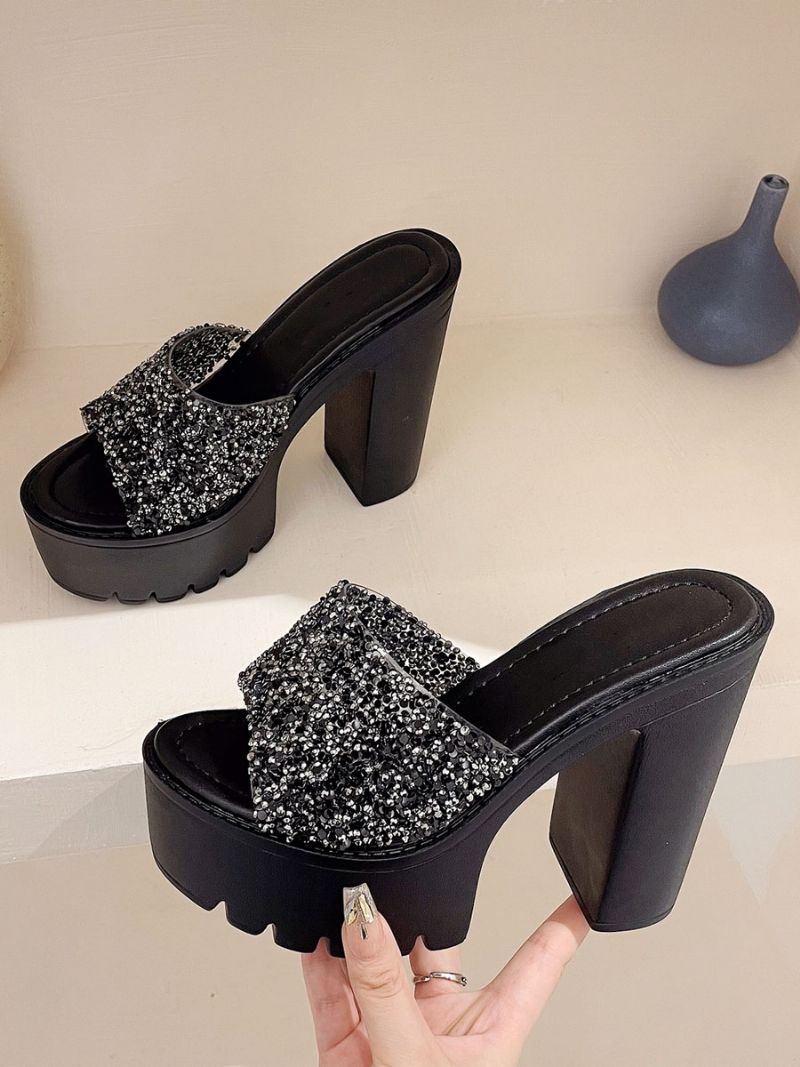 Dámske Flitre Slingbacks Robustný Podpätok Mules Pu Koža Čierna - Čierna