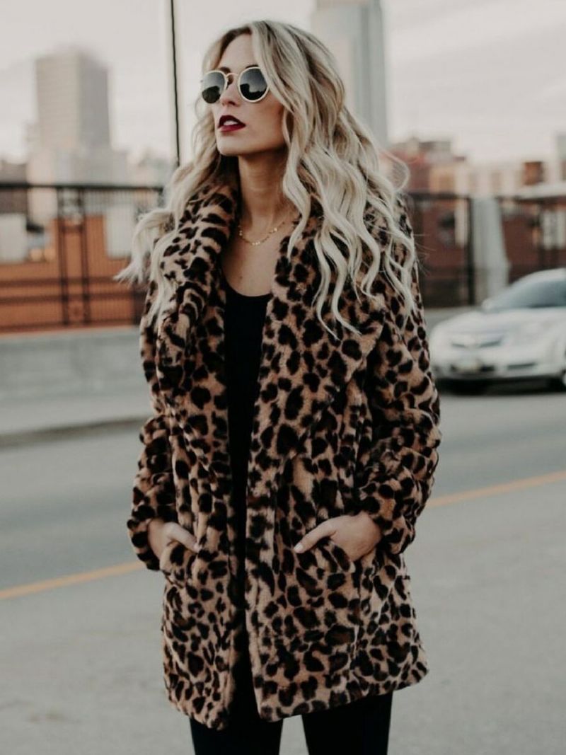 Dámske Kabáty Z Umelej Kožušiny Leopard S Dlhými Rukávmi Oversized Zimný Kabát Leopardím Vzorom