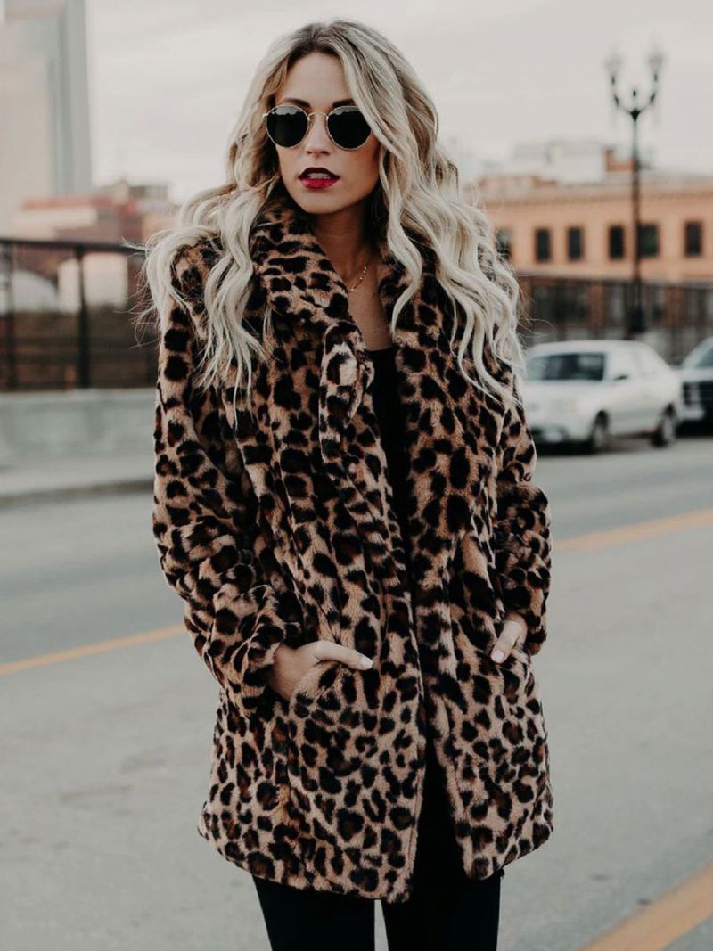 Dámske Kabáty Z Umelej Kožušiny Leopard S Dlhými Rukávmi Oversized Zimný Kabát Leopardím Vzorom - Leopard