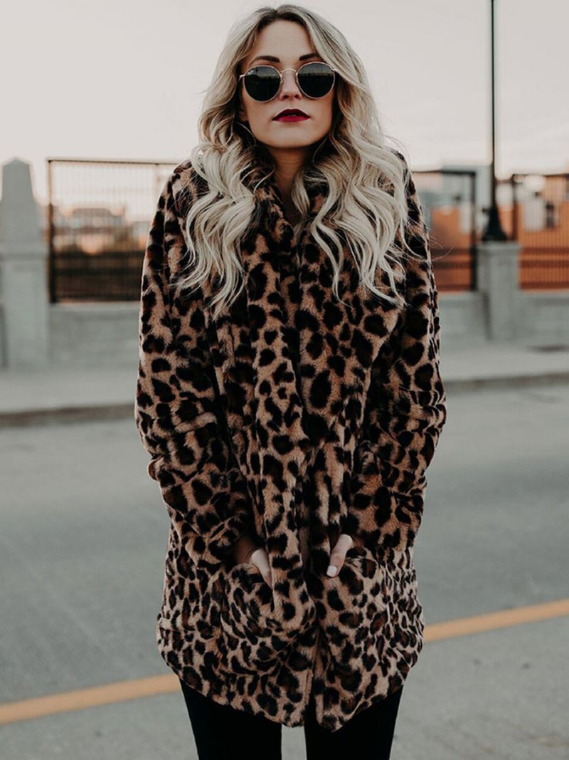 Dámske Kabáty Z Umelej Kožušiny Leopard S Dlhými Rukávmi Oversized Zimný Kabát Leopardím Vzorom - Leopard