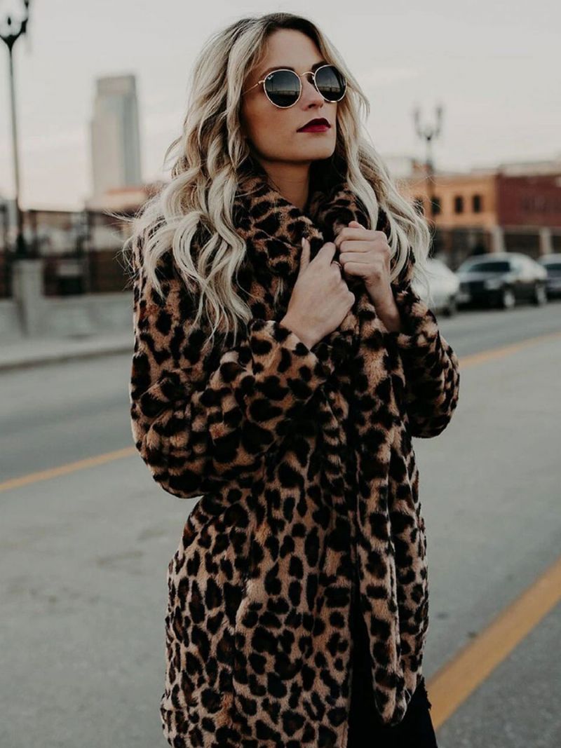 Dámske Kabáty Z Umelej Kožušiny Leopard S Dlhými Rukávmi Oversized Zimný Kabát Leopardím Vzorom - Leopard