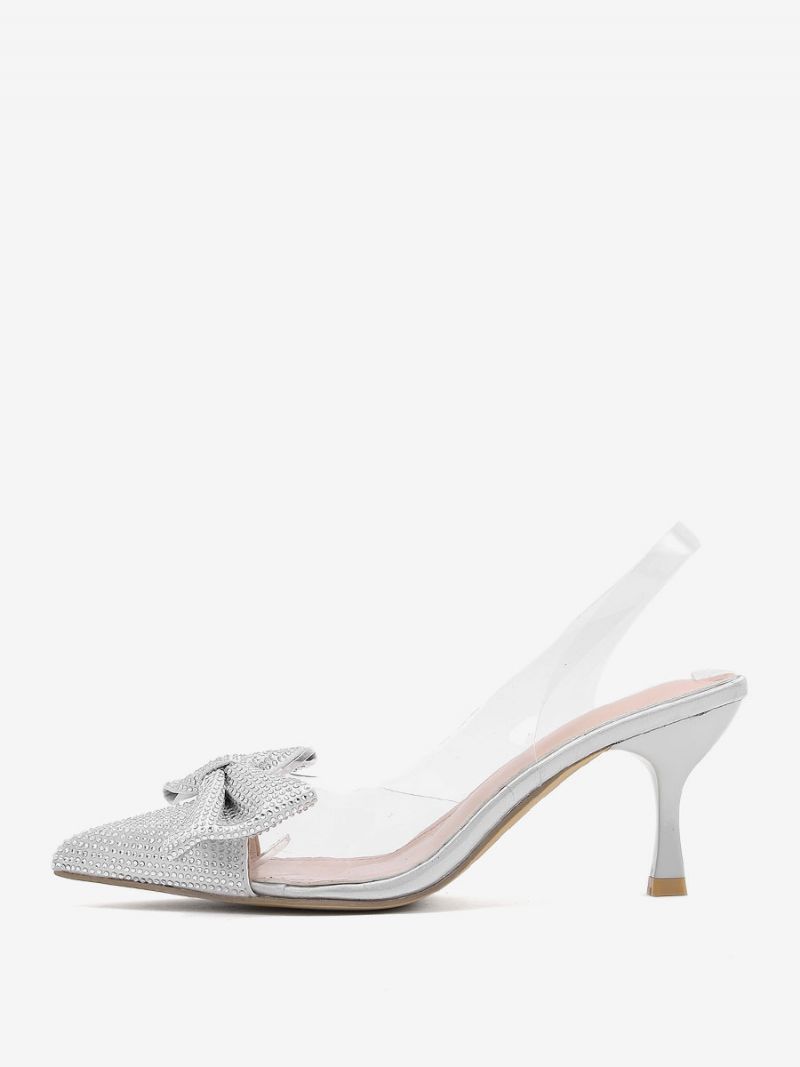 Dámske Kamienky Slingback Podpätky Transparentné Ihlové Strieborné Lodičky Pvc Zvršok - Striebro