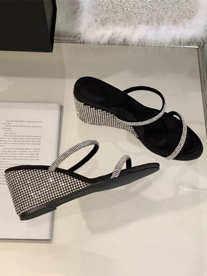 Dámske Kamienky Slingbacks Pu Kožené Sandále Na Kline V - Čierna