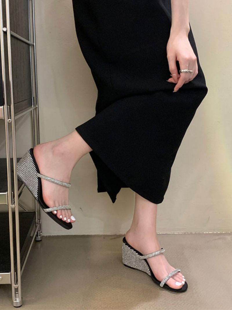 Dámske Kamienky Slingbacks Pu Kožené Sandále Na Kline V - Čierna