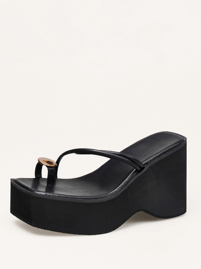 Dámske Klinové Papuče Black Platform Toe Loop Sandal Slides