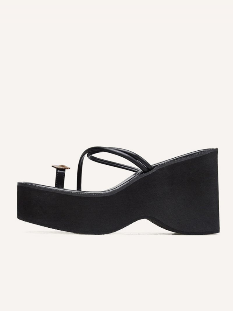 Dámske Klinové Papuče Black Platform Toe Loop Sandal Slides - Čierna