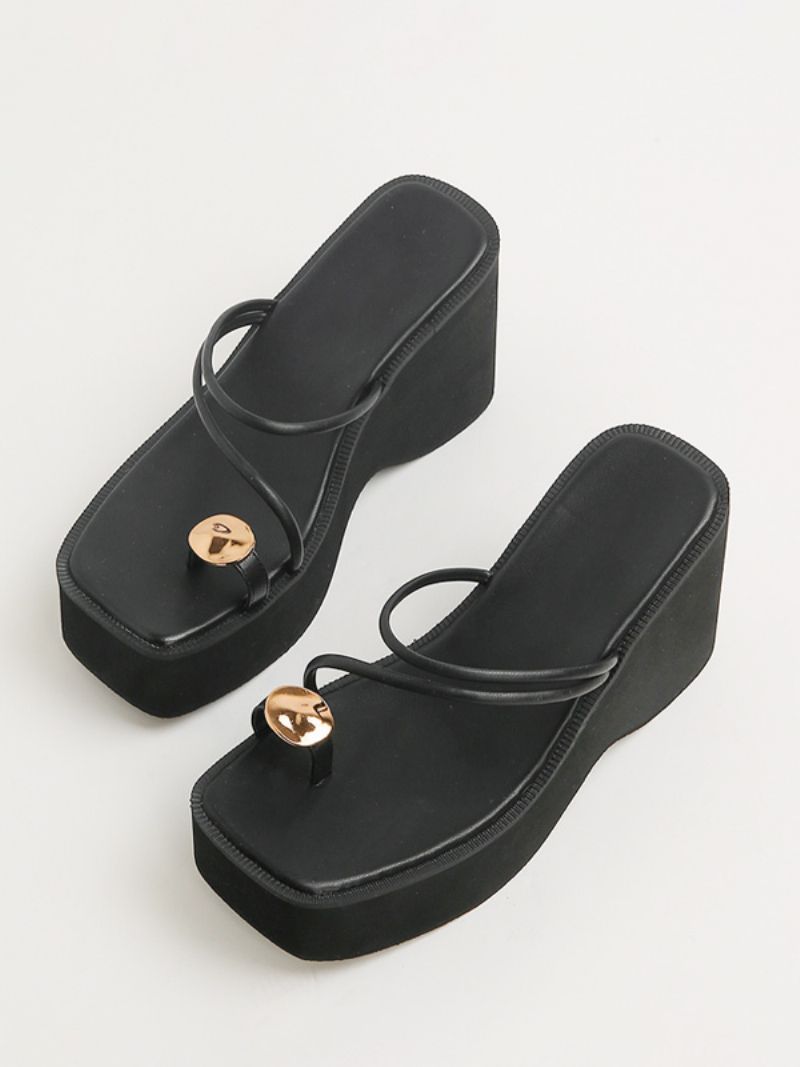 Dámske Klinové Papuče Black Platform Toe Loop Sandal Slides - Čierna