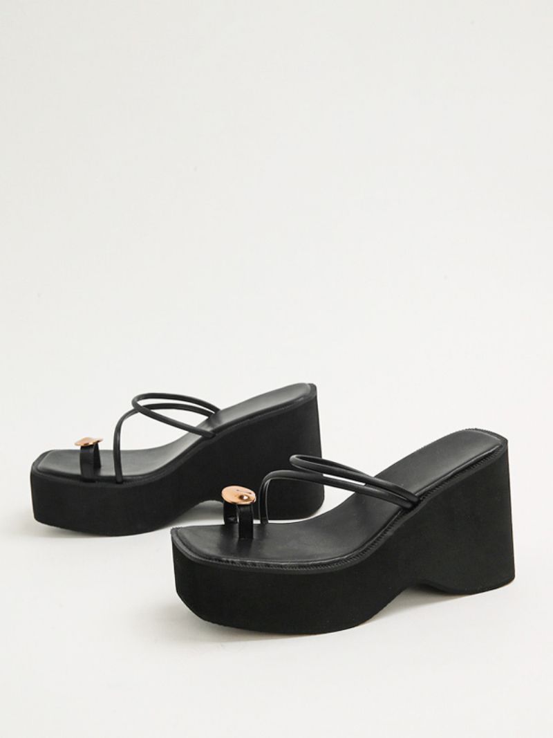 Dámske Klinové Papuče Black Platform Toe Loop Sandal Slides - Čierna