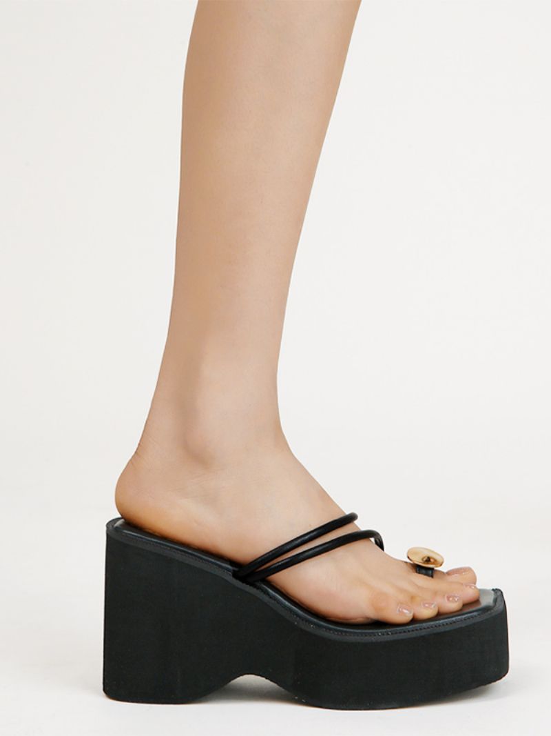 Dámske Klinové Papuče Black Platform Toe Loop Sandal Slides - Čierna