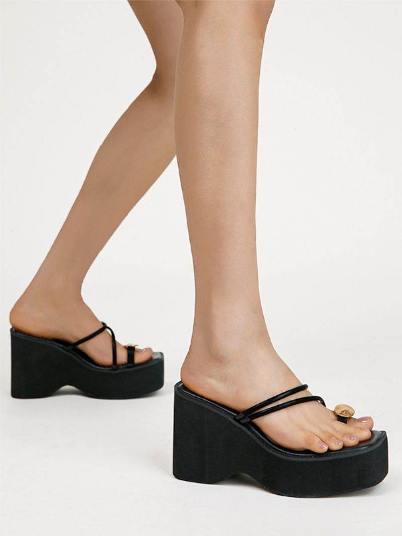 Dámske Klinové Papuče Black Platform Toe Loop Sandal Slides - Čierna