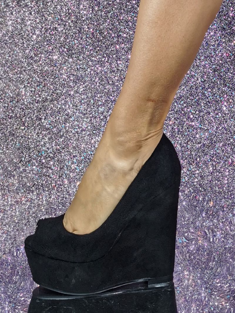 Dámske Klinové Podpätky Sexy Topánky Peep Toe Nubukové Kliny - Čierna