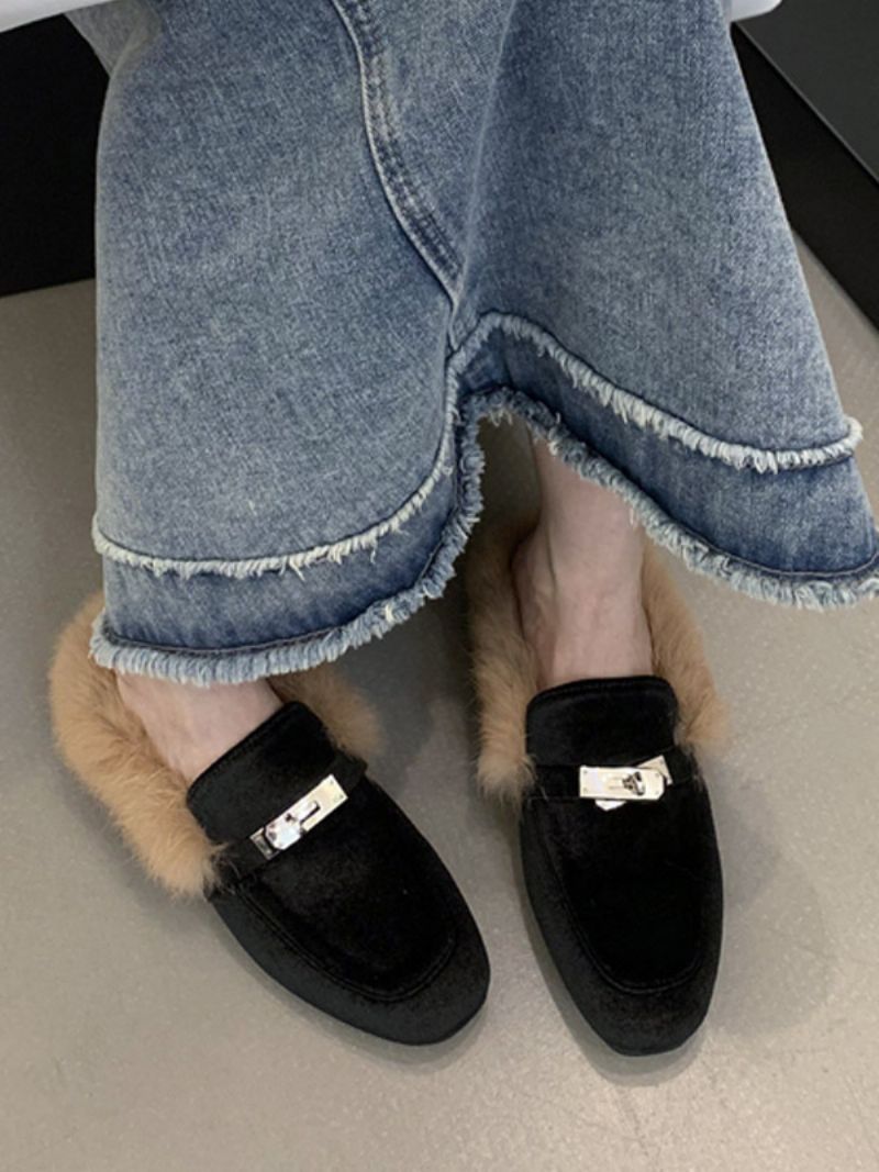 Dámske Kovové Detaily Slingbacks Flat Mules Micro Suede Horný Čierny - Čierna