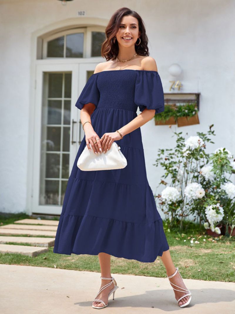 Dámske Letné Midi Šaty Ružové Plisované Plážové Bateau Neck - Dark Navy