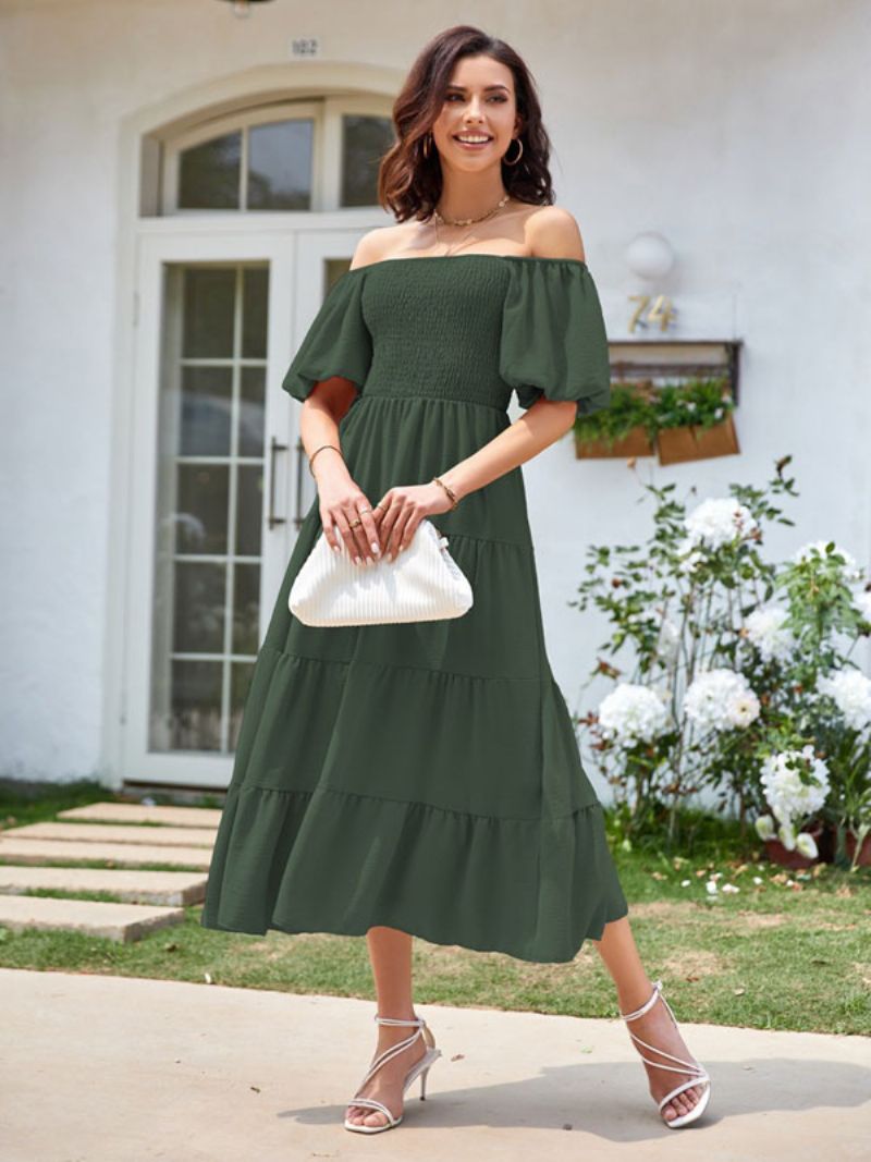 Dámske Letné Midi Šaty Ružové Plisované Plážové Bateau Neck - Hunter Green