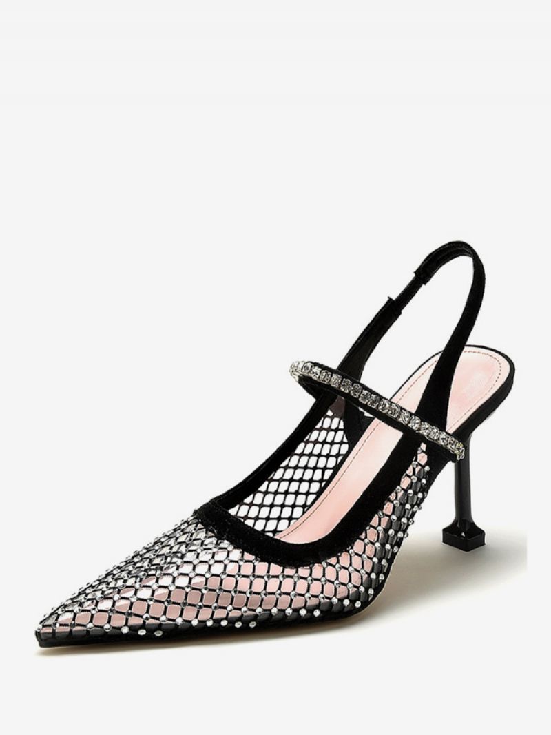 Dámske Lodičky Na Podpätku Slingback Mesh Čierne Kamienkové Párty Topánky